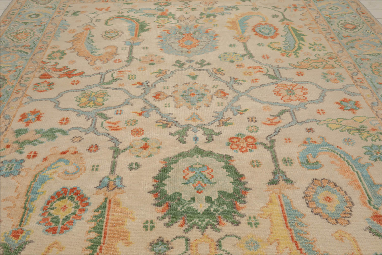 Multi Size Beige Aqua Green Color Hand Knotted Oushak Wool  Oriental Rug