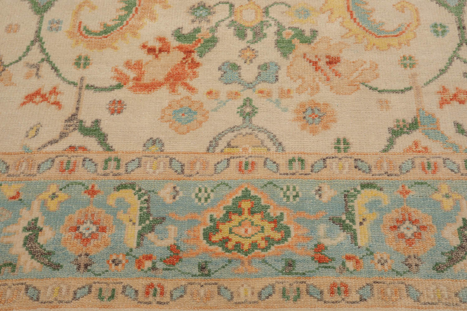 Multi Size Beige Aqua Green Color Hand Knotted Oushak Wool  Oriental Rug