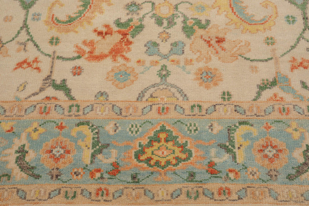 Multi Size Beige Aqua Green Color Hand Knotted Oushak Wool  Oriental Rug