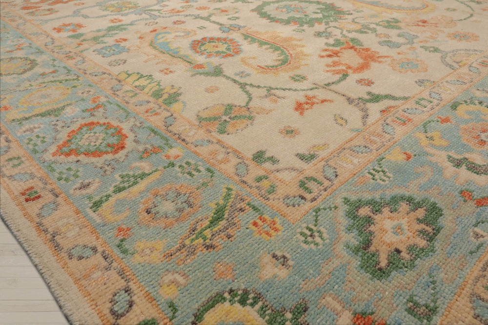 Multi Size Beige Aqua Green Color Hand Knotted Oushak Wool  Oriental Rug