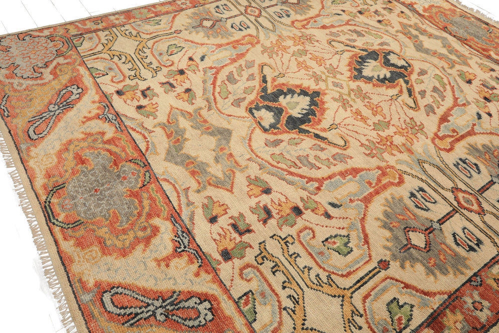 8x10 Beige, Rust, Sage Color Hand Knotted Oushak 100% Wool  Oriental Rug