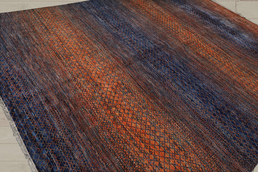 9x12 Orange, Navy, Color Hand Knotted  100% Wool Modern Oriental Rug