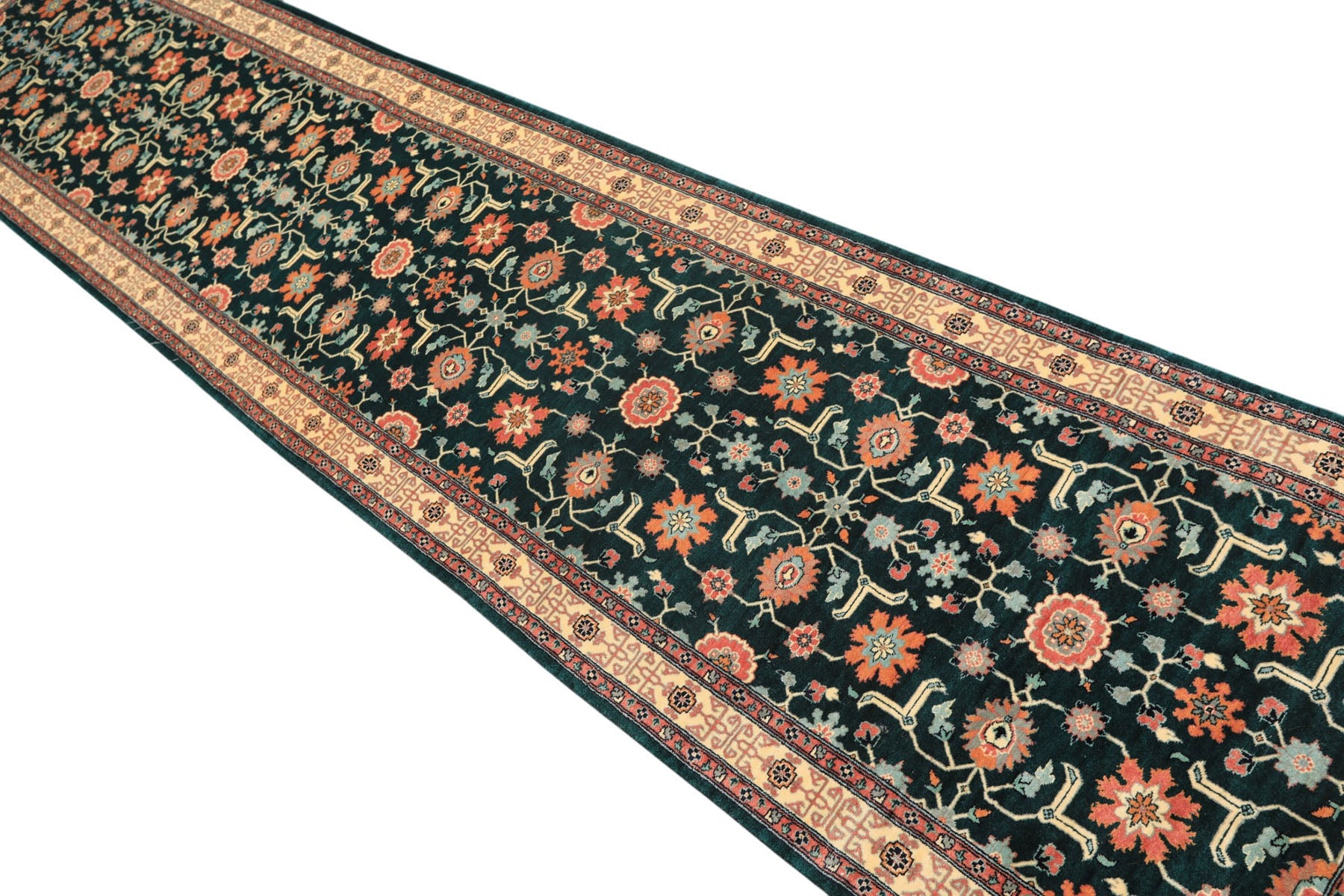 2'6x12 Teal, Ivory, Rose Color Hand Knotted Pak Persian Wool Traditional Oriental Rug