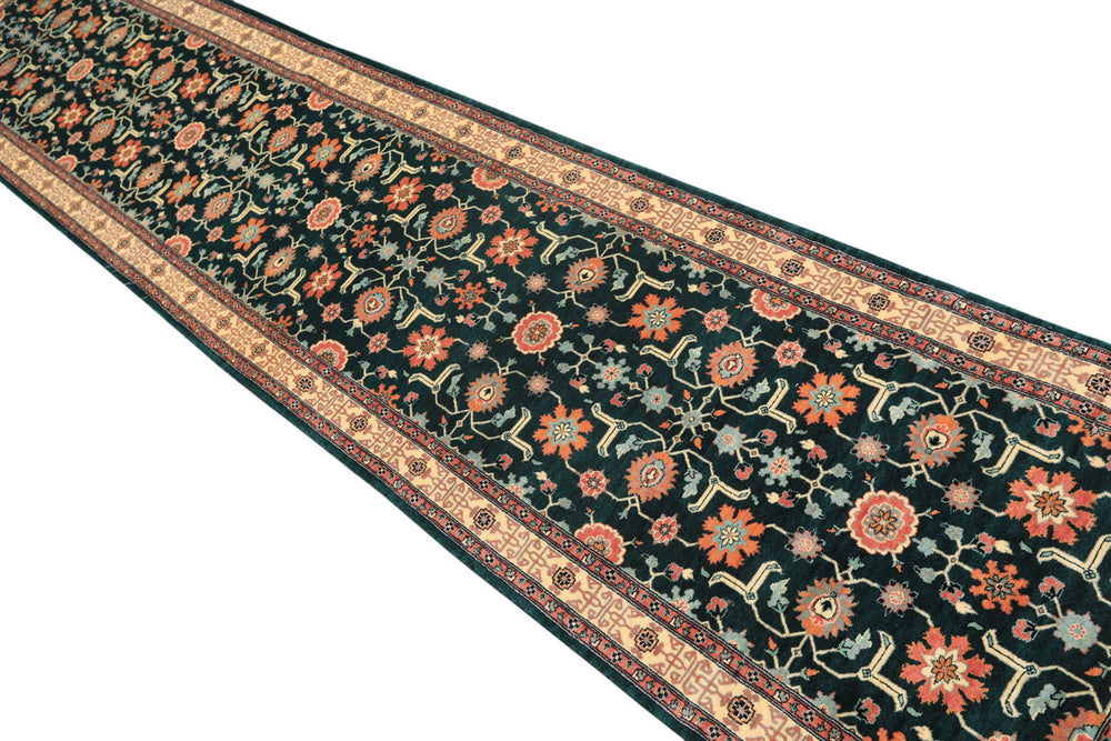 2'6x12 Teal, Ivory, Rose Color Hand Knotted Pak Persian Wool Traditional Oriental Rug