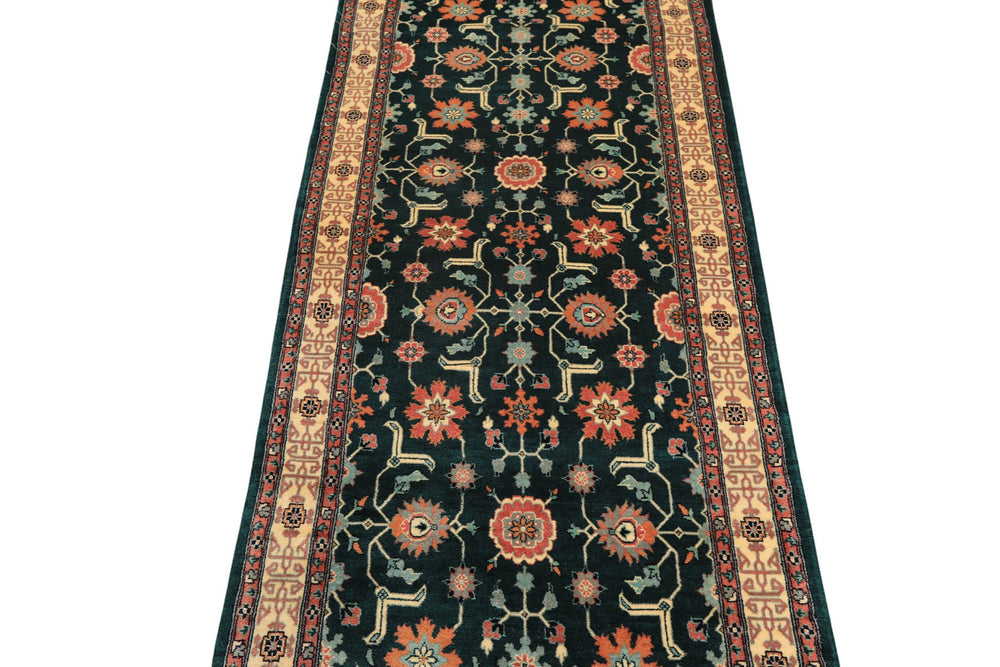 2'6x12 Teal, Ivory, Rose Color Hand Knotted Pak Persian Wool Traditional Oriental Rug