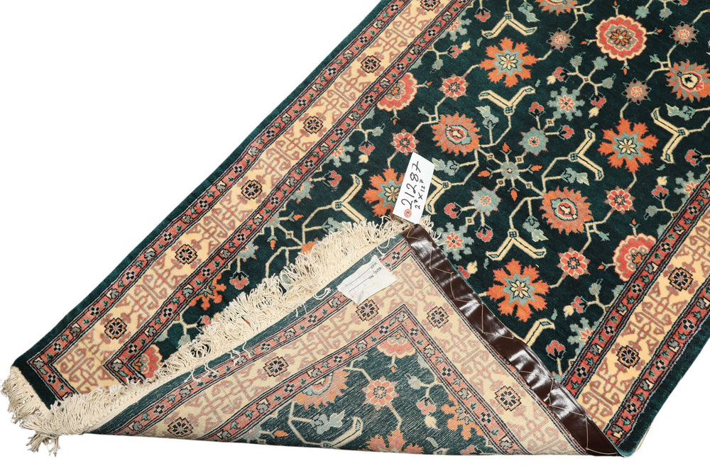 2'6x12 Teal, Ivory, Rose Color Hand Knotted Pak Persian Wool Traditional Oriental Rug