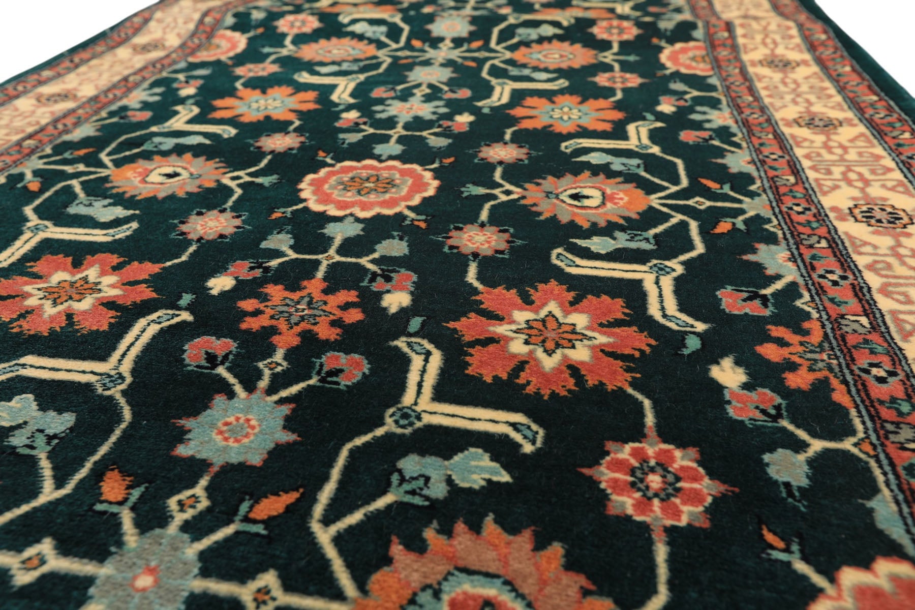 2'6x12 Teal, Ivory, Rose Color Hand Knotted Pak Persian Wool Traditional Oriental Rug