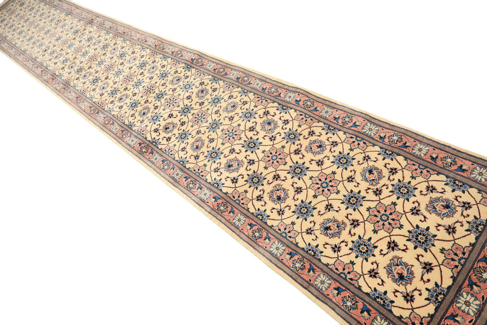 Runner Ivory, Rose, Blue Color Hand Knotted Kashan Wool Traditional Oriental Rug