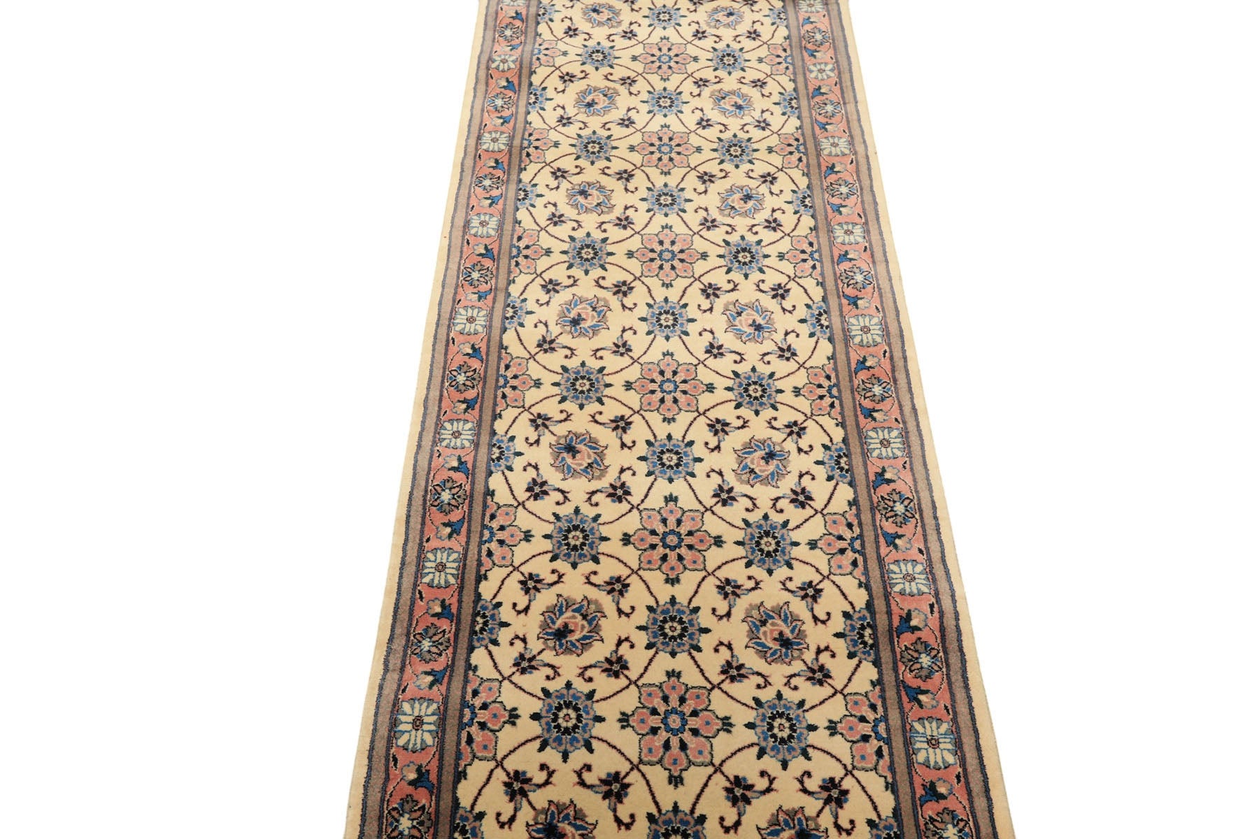 Runner Ivory, Rose, Blue Color Hand Knotted Kashan Wool Traditional Oriental Rug