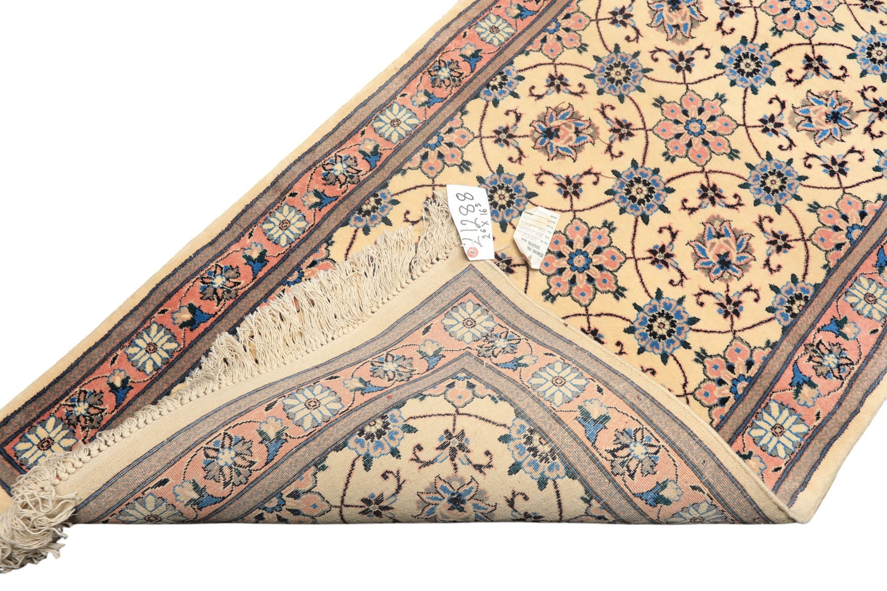Runner Ivory, Rose, Blue Color Hand Knotted Kashan Wool Traditional Oriental Rug