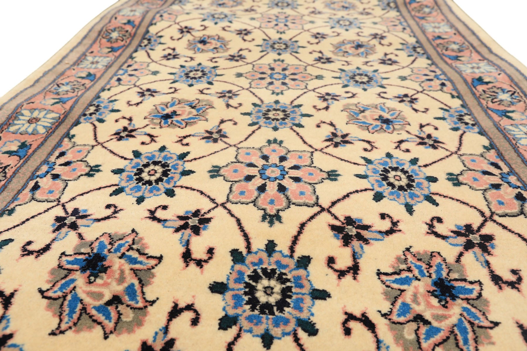 Runner Ivory, Rose, Blue Color Hand Knotted Kashan Wool Traditional Oriental Rug