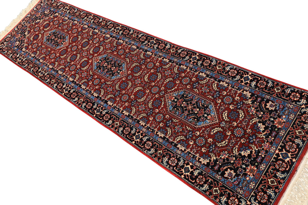 2'6x8 Red, Midnight Blue, Ivory Color Hand Knotted Indo Tabriz Wool Traditional Oriental Rug