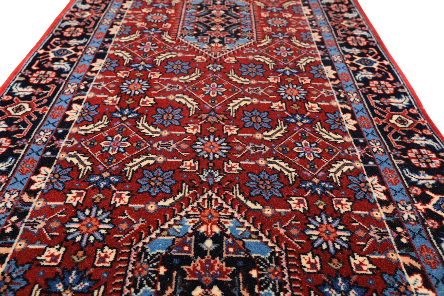 2'6x8 Red, Midnight Blue, Ivory Color Hand Knotted Indo Tabriz Wool Traditional Oriental Rug
