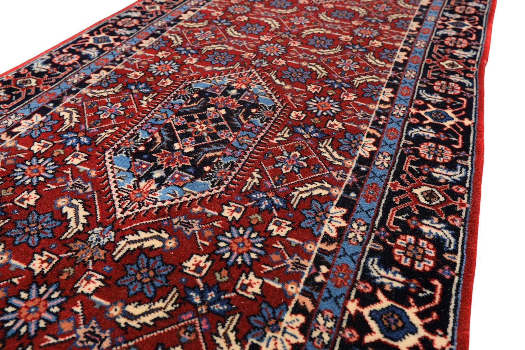 2'6x8 Red, Midnight Blue, Ivory Color Hand Knotted Indo Tabriz Wool Traditional Oriental Rug