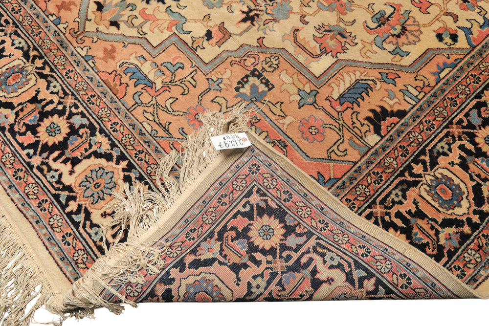 9x12 Ivory, Charcoal, Peach Color Hand Knotted Serapi Wool Traditional Oriental Rug