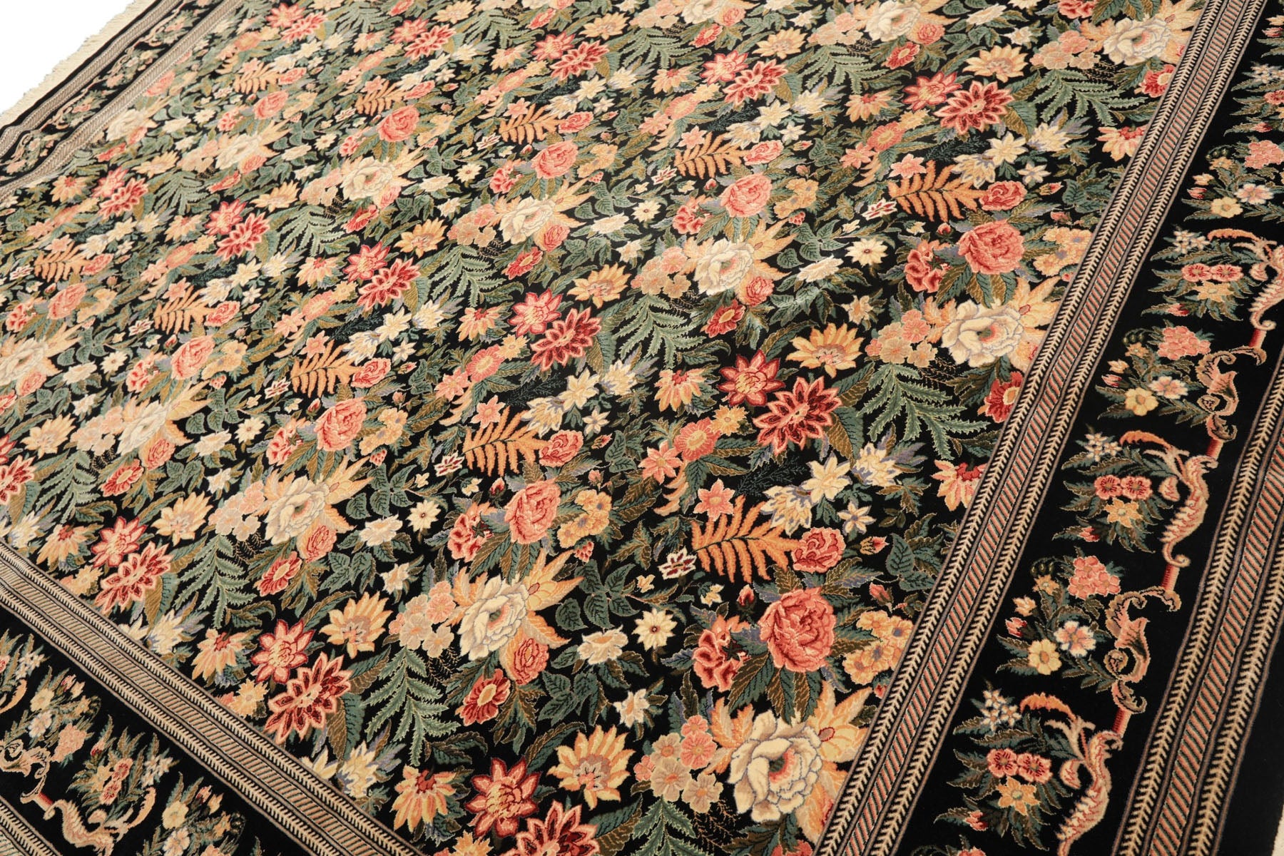 9x12 Black, Ivory, Rose Color Hand Knotted Pak Persian Wool & Silk Traditional Oriental Rug