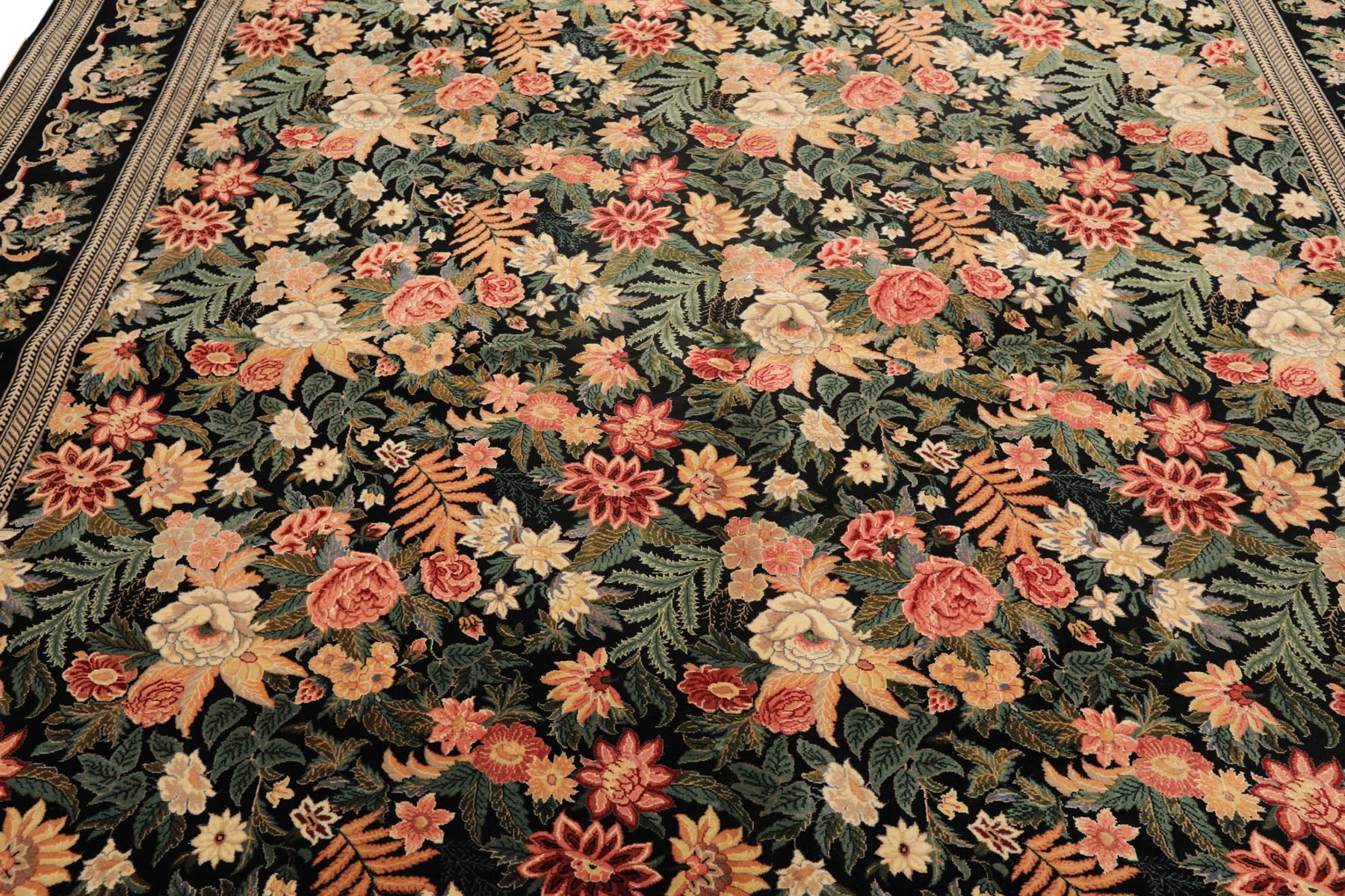 9x12 Black, Ivory, Rose Color Hand Knotted Pak Persian Wool & Silk Traditional Oriental Rug