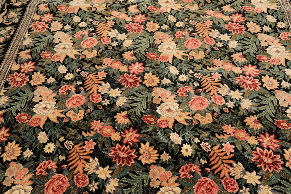 9x12 Black, Ivory, Rose Color Hand Knotted Pak Persian Wool & Silk Traditional Oriental Rug