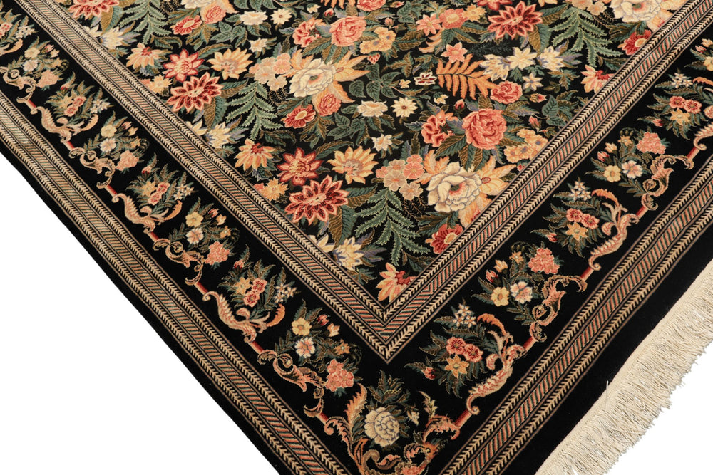 9x12 Black, Ivory, Rose Color Hand Knotted Pak Persian Wool & Silk Traditional Oriental Rug