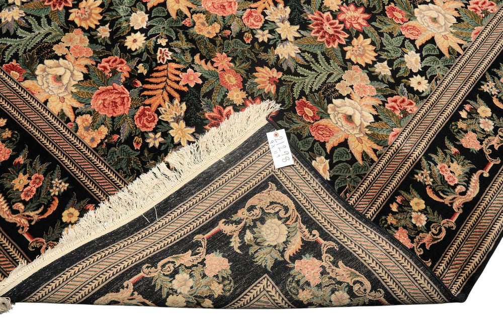 9x12 Black, Ivory, Rose Color Hand Knotted Pak Persian Wool & Silk Traditional Oriental Rug