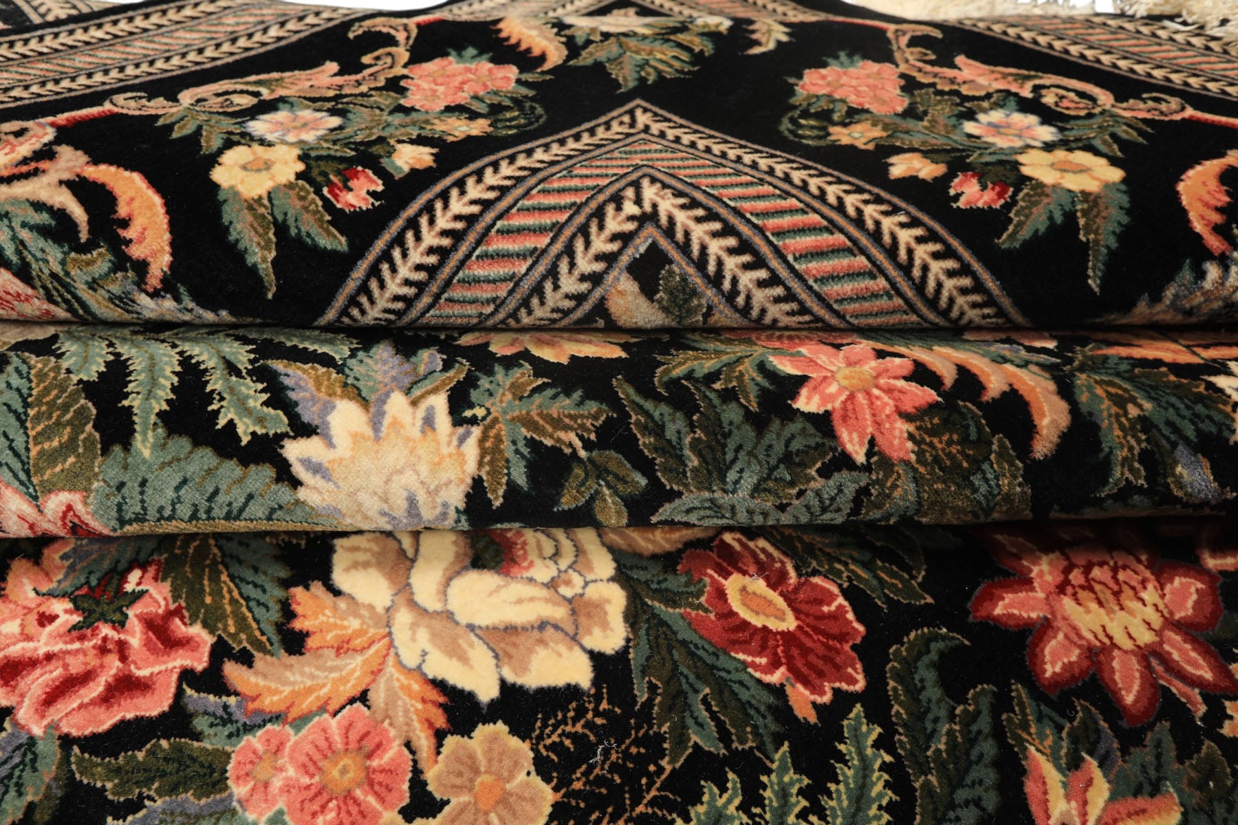 9x12 Black, Ivory, Rose Color Hand Knotted Pak Persian Wool & Silk Traditional Oriental Rug