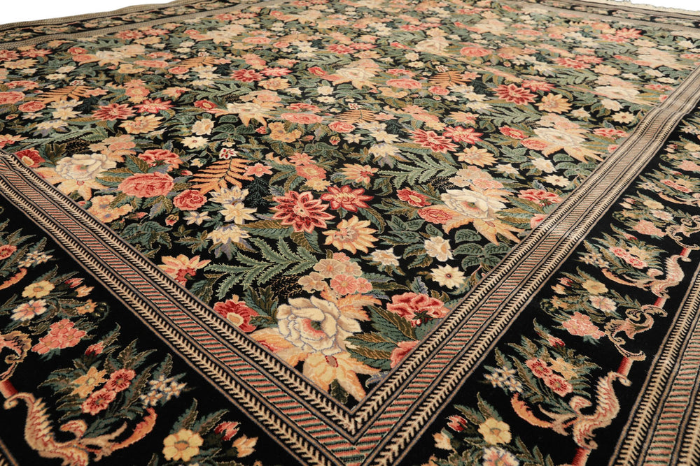 9x12 Black, Ivory, Rose Color Hand Knotted Pak Persian Wool & Silk Traditional Oriental Rug