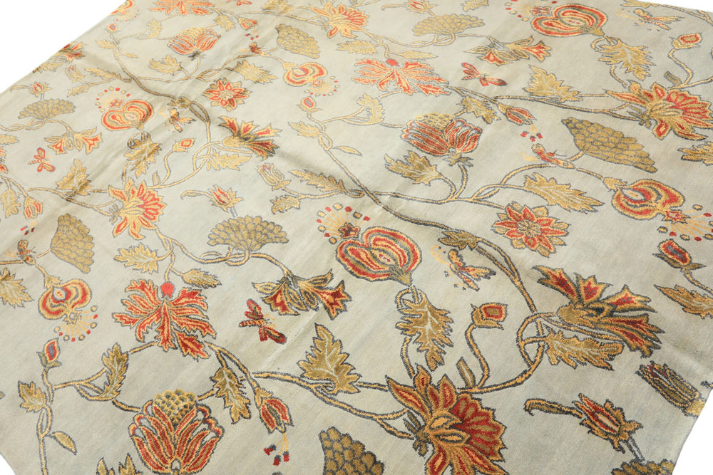 8x10 Aqua, Burnt Orange, Gold Color Hand Knotted Tibetan Wool & Pure Silk Traditional Oriental Rug