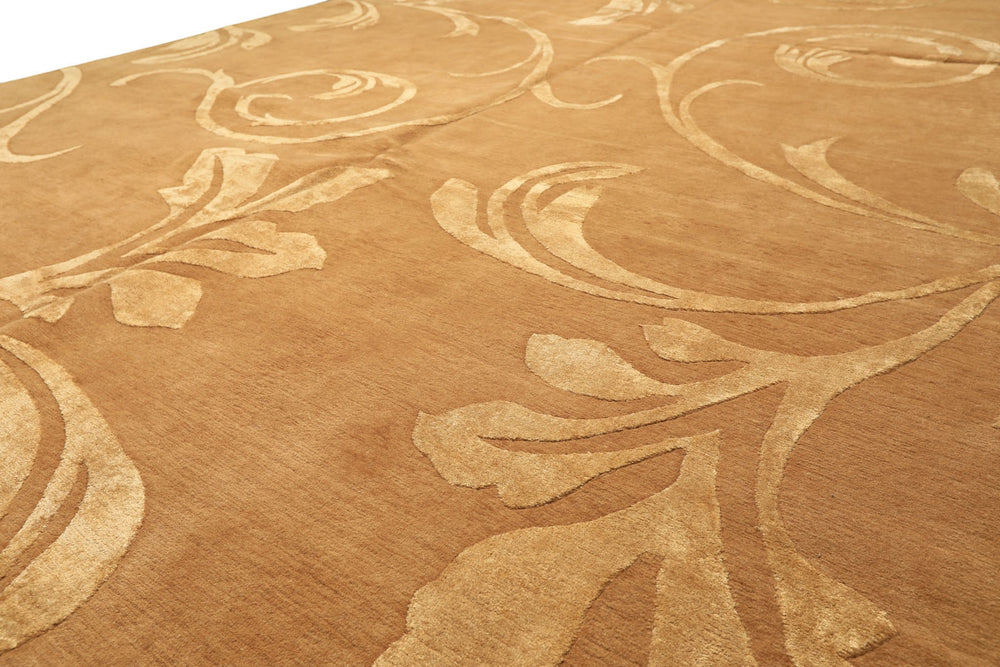 8x10 Tone on Tone Gold, , Color Hand Knotted Tibetan Wool & Pure Silk Transitional Oriental Rug