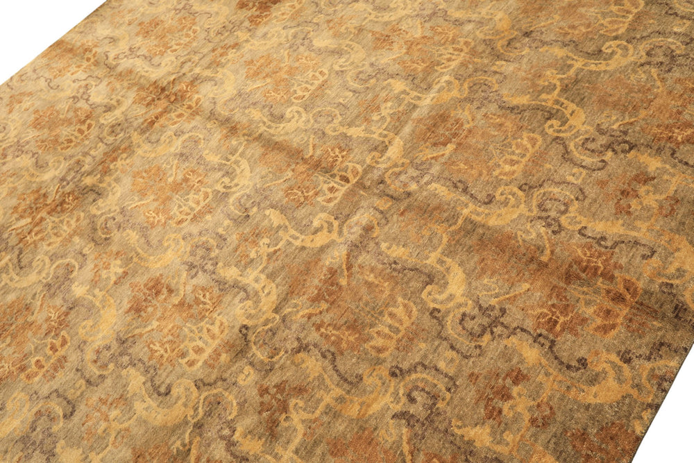 8x10 Brown, Gold, Tan Color Hand Knotted Indo Tibetan Wool Transitional Oriental Rug