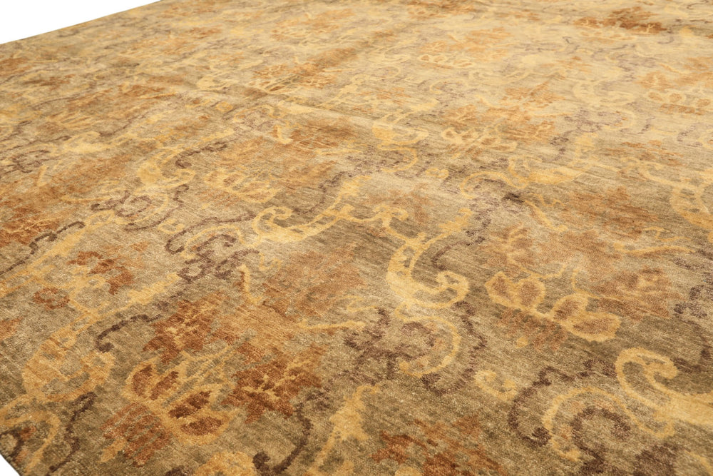 8x10 Brown, Gold, Tan Color Hand Knotted Indo Tibetan Wool Transitional Oriental Rug