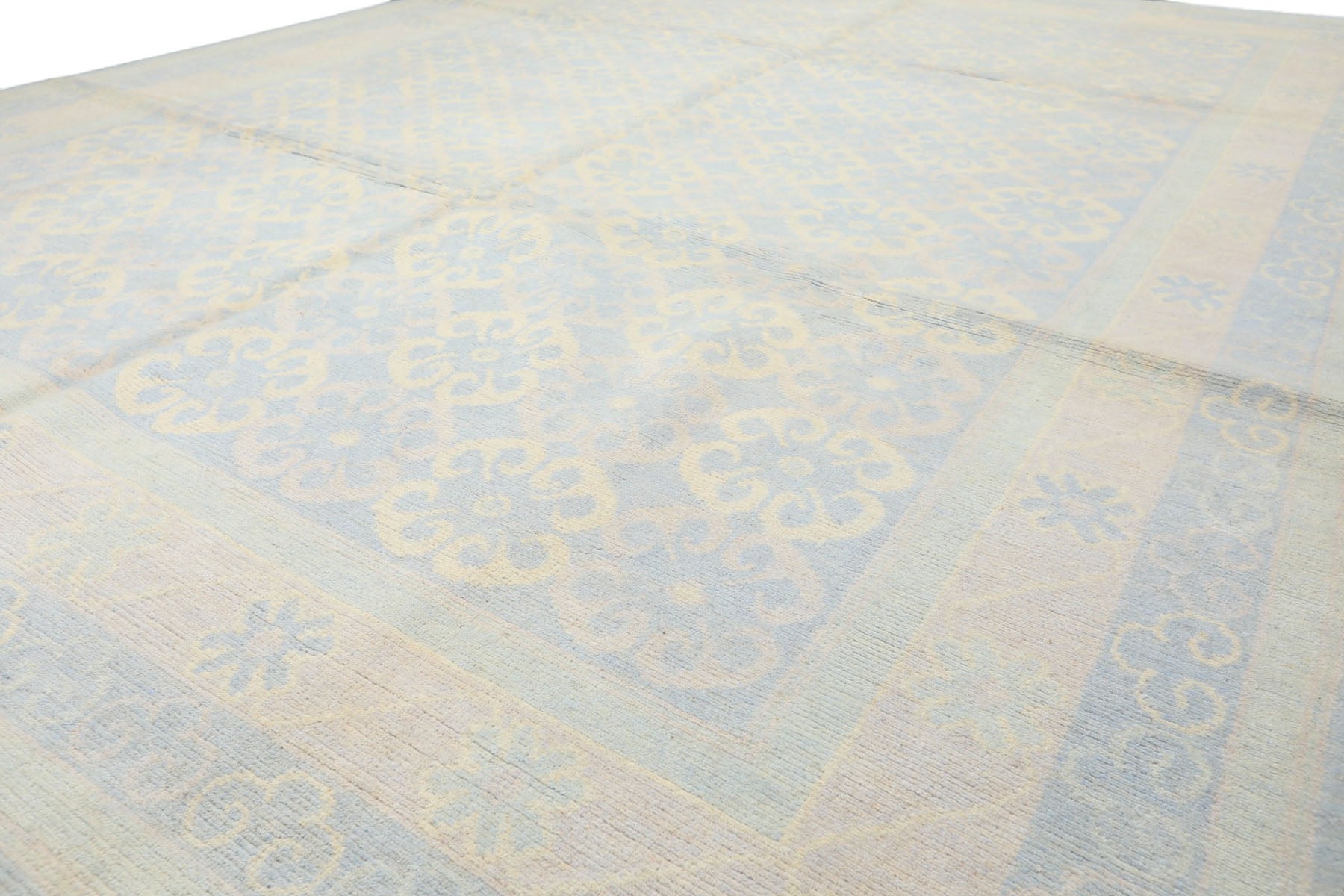 8x10 Blue, Ivory, Seafoam Color Hand Knotted Tibetan Wool Transitional Oriental Rug