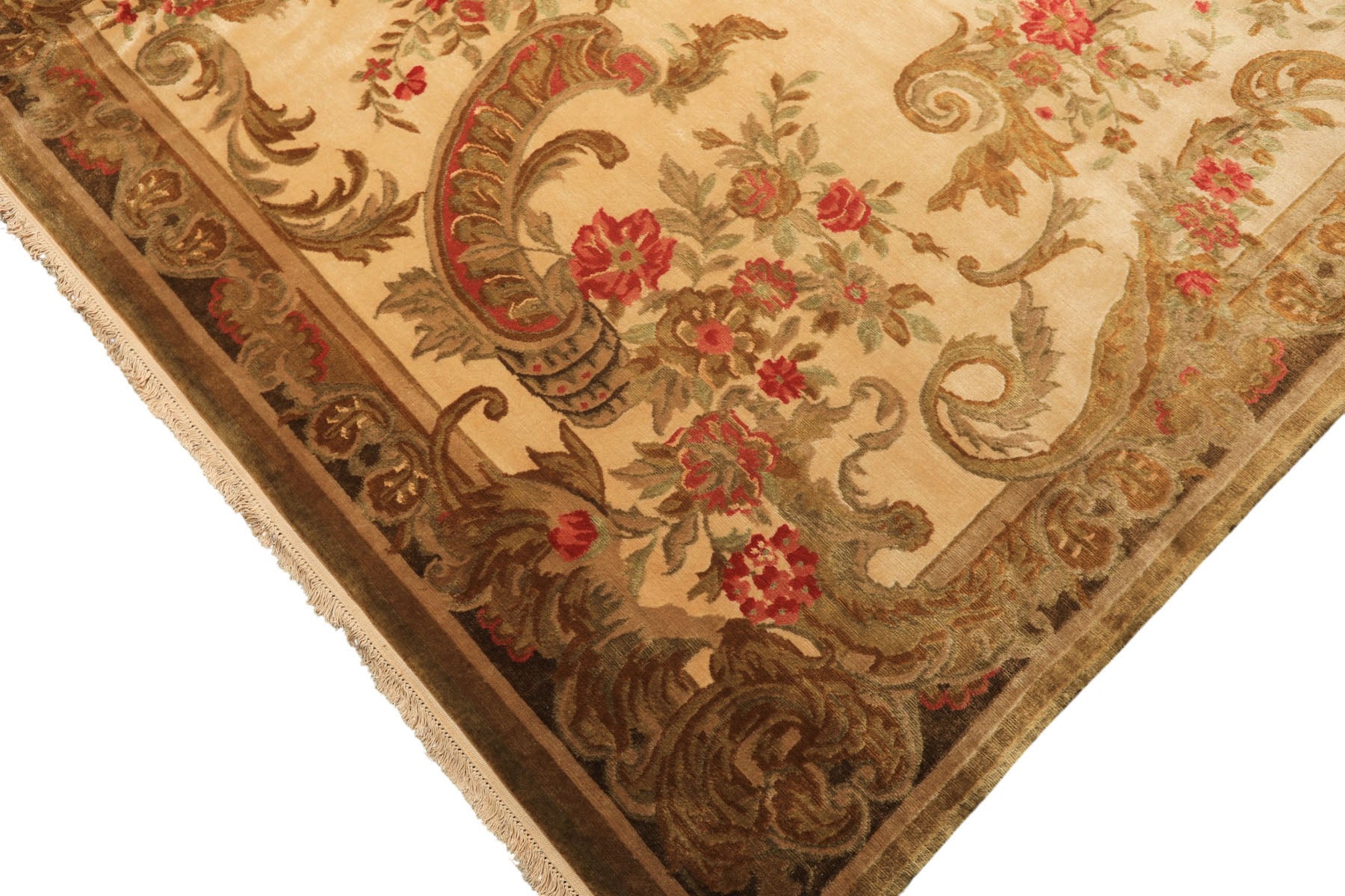 Palace Tan, Gold, Green Color Hand Knotted French Aubusson Savonnerie New Zealand Wool & Silk Traditional Oriental Rug