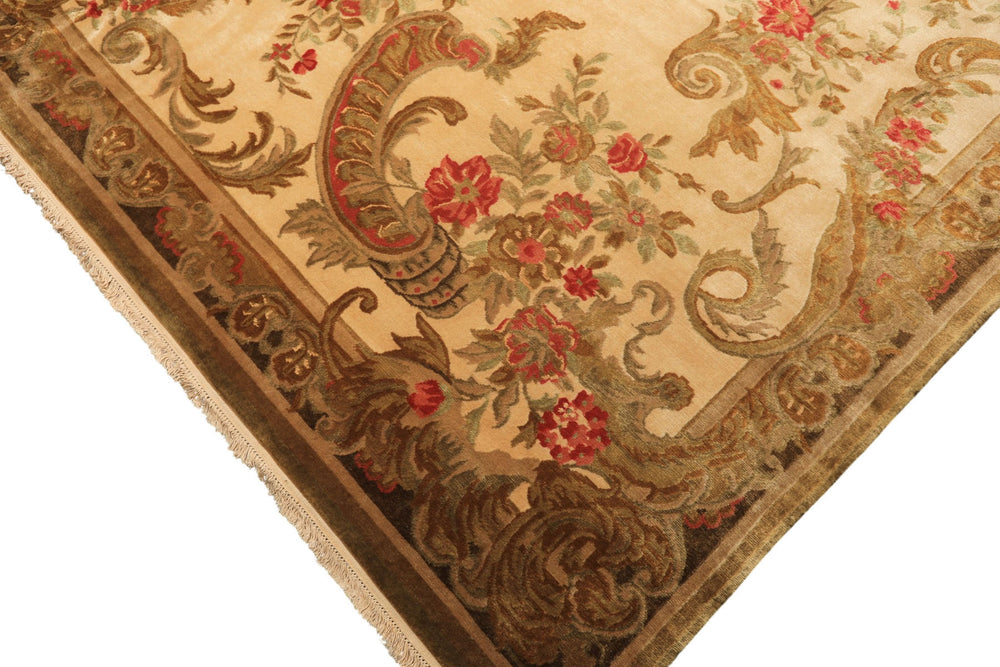 Palace Tan, Gold, Green Color Hand Knotted French Aubusson Savonnerie New Zealand Wool & Silk Traditional Oriental Rug