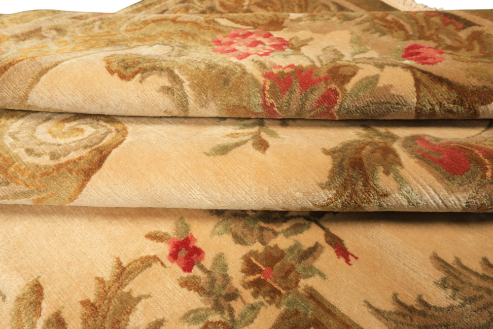 Palace Tan, Gold, Green Color Hand Knotted French Aubusson Savonnerie New Zealand Wool & Silk Traditional Oriental Rug