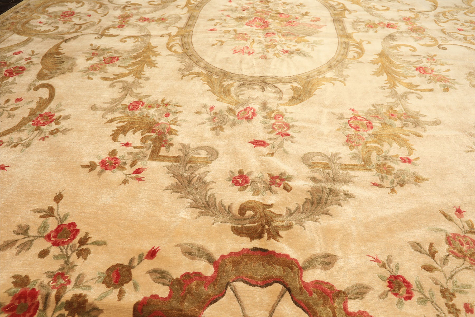 Palace Tan, Gold, Green Color Hand Knotted French Aubusson Savonnerie New Zealand Wool & Silk Traditional Oriental Rug