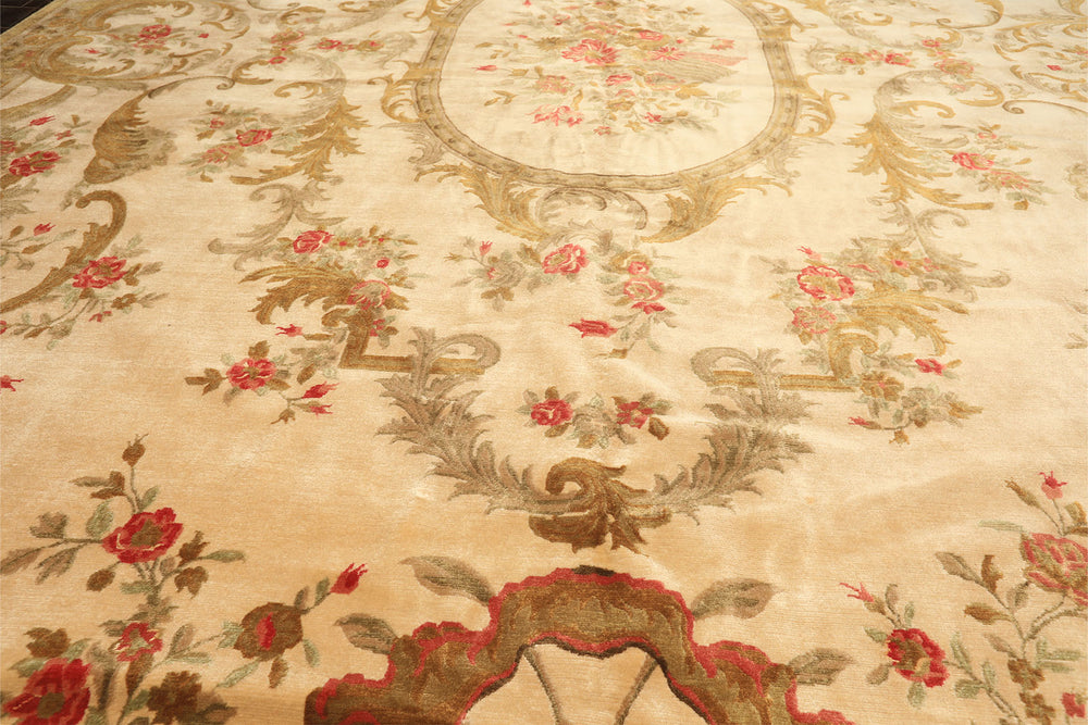 Palace Tan, Gold, Green Color Hand Knotted French Aubusson Savonnerie New Zealand Wool & Silk Traditional Oriental Rug