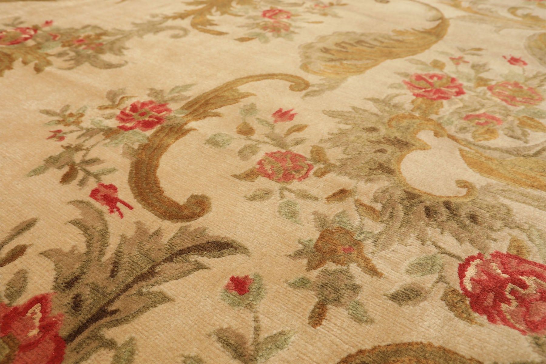 Palace Tan, Gold, Green Color Hand Knotted French Aubusson Savonnerie New Zealand Wool & Silk Traditional Oriental Rug