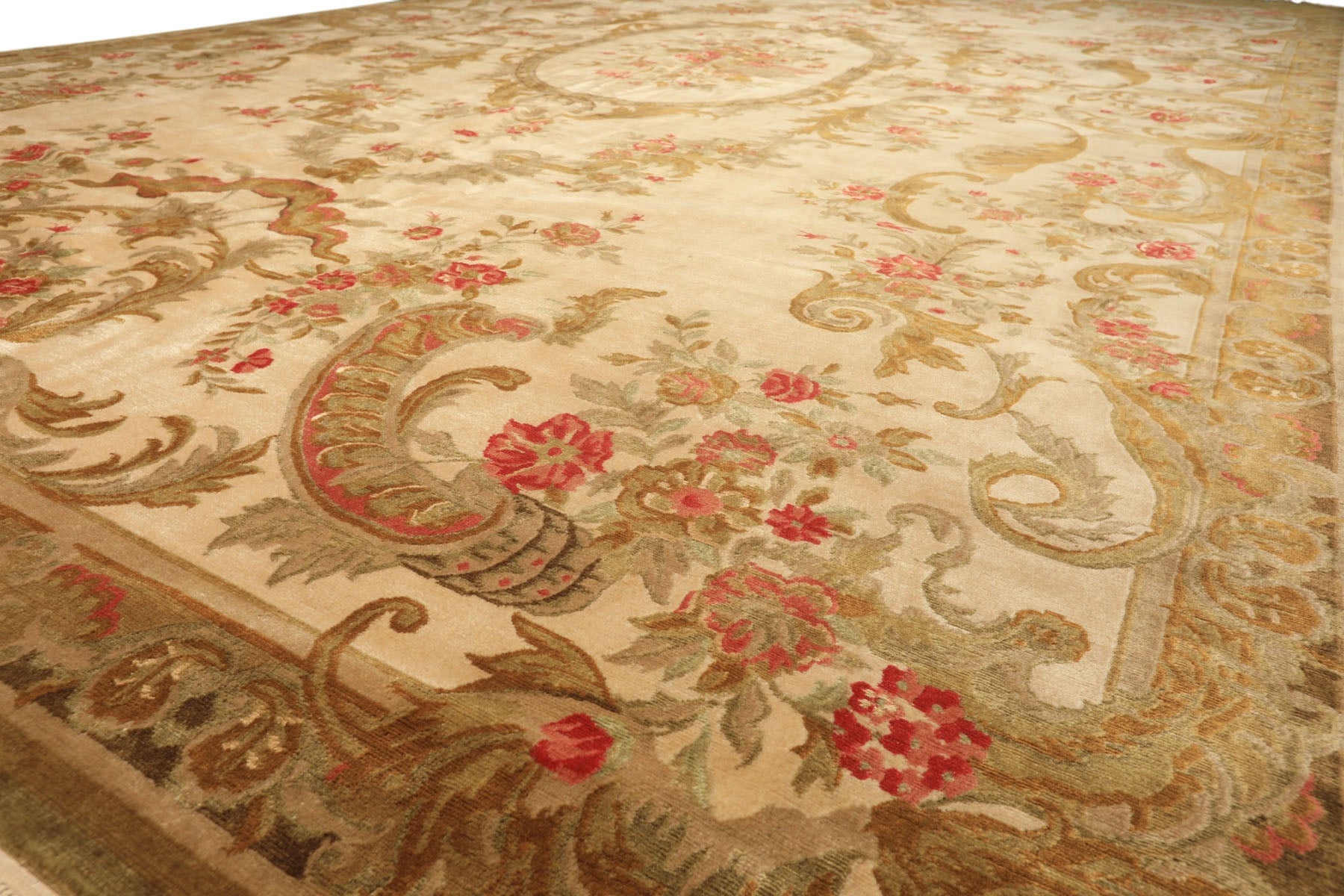 Palace Tan, Gold, Green Color Hand Knotted French Aubusson Savonnerie New Zealand Wool & Silk Traditional Oriental Rug