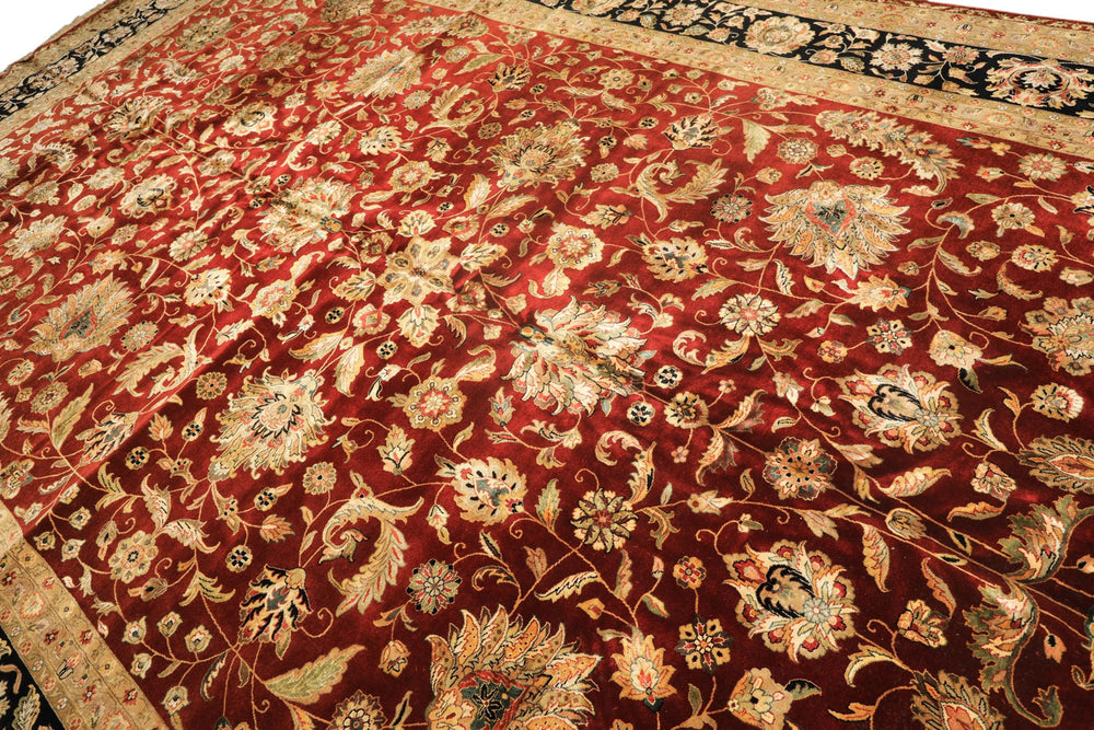 Palace Maroon, Black, Taupe Color Hand Knotted Agra New Zealand Wool & Silk Traditional Oriental Rug