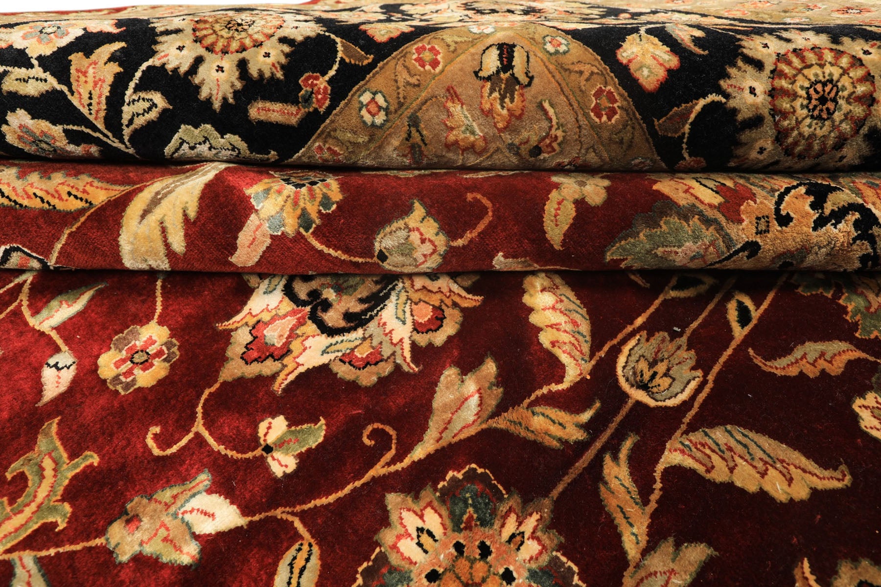 Palace Maroon, Black, Taupe Color Hand Knotted Agra New Zealand Wool & Silk Traditional Oriental Rug
