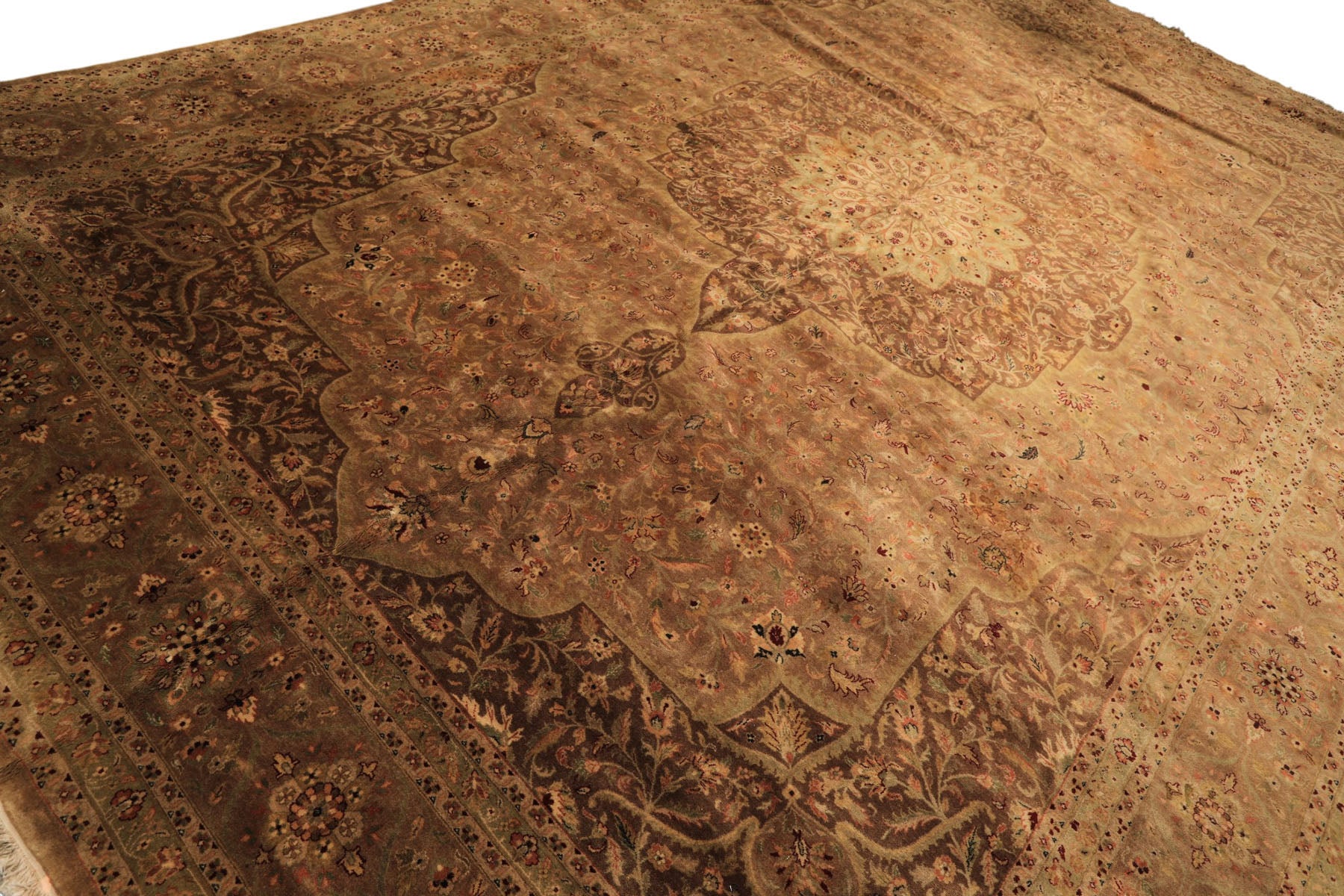 Palace Tan, Sage, Brown Color Hand Knotted Indo Persian Wool Transitional Oriental Rug