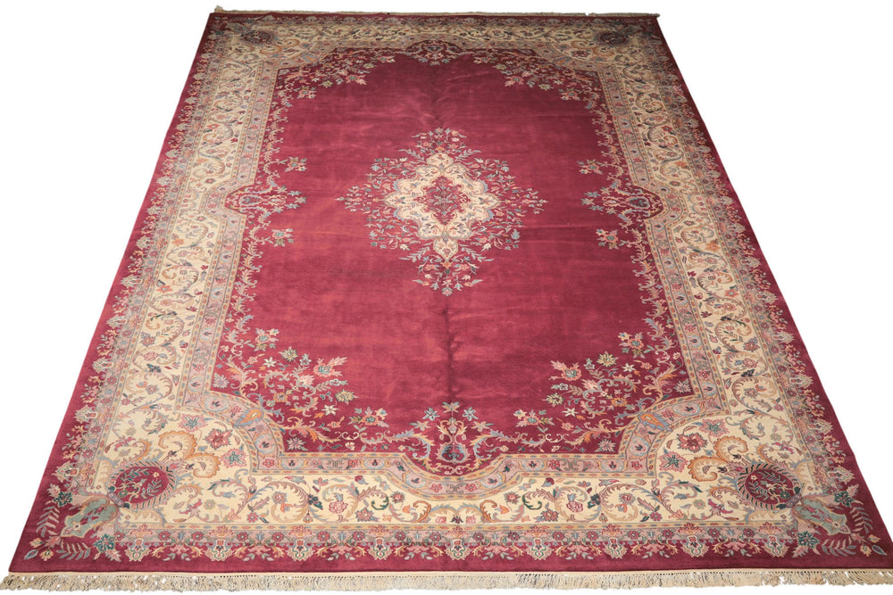 12x18 Plum, Ivory, Blue Color Hand Knotted Kerman Wool Traditional Oriental Rug