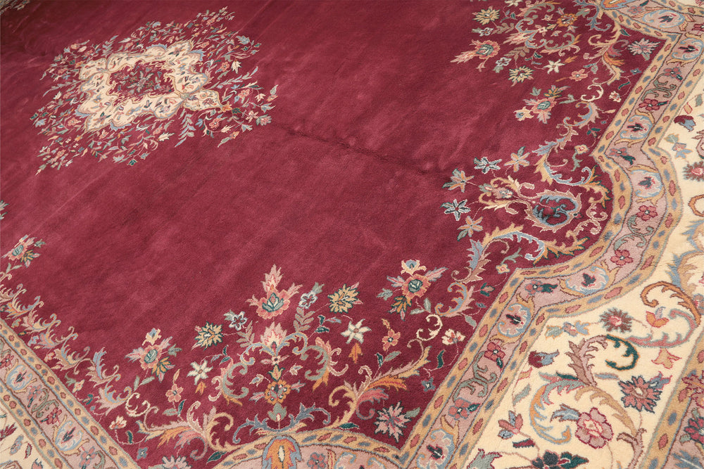 12x18 Plum, Ivory, Blue Color Hand Knotted Kerman Wool Traditional Oriental Rug