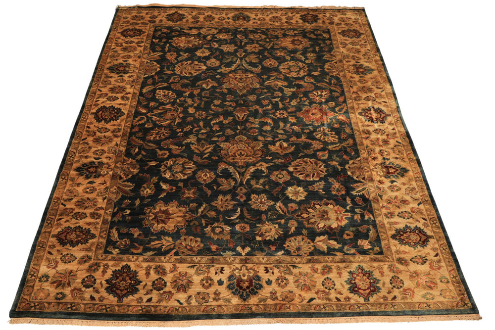 Palace Teal, Beige, Gold Color Hand Knotted Agra New Zealand Wool Traditional Oriental Rug