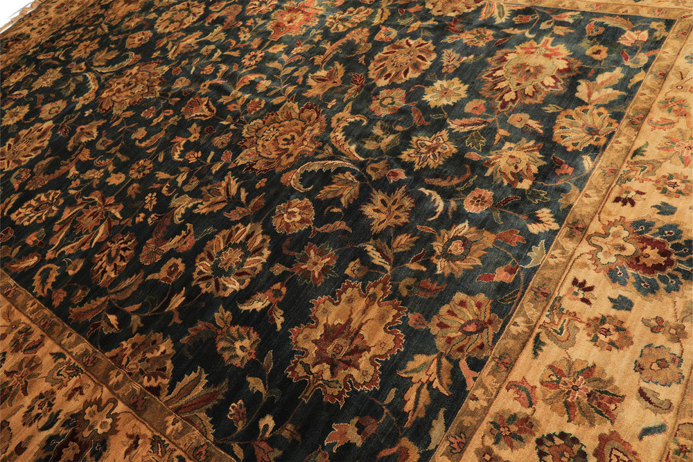 Palace Teal, Beige, Gold Color Hand Knotted Agra New Zealand Wool Traditional Oriental Rug