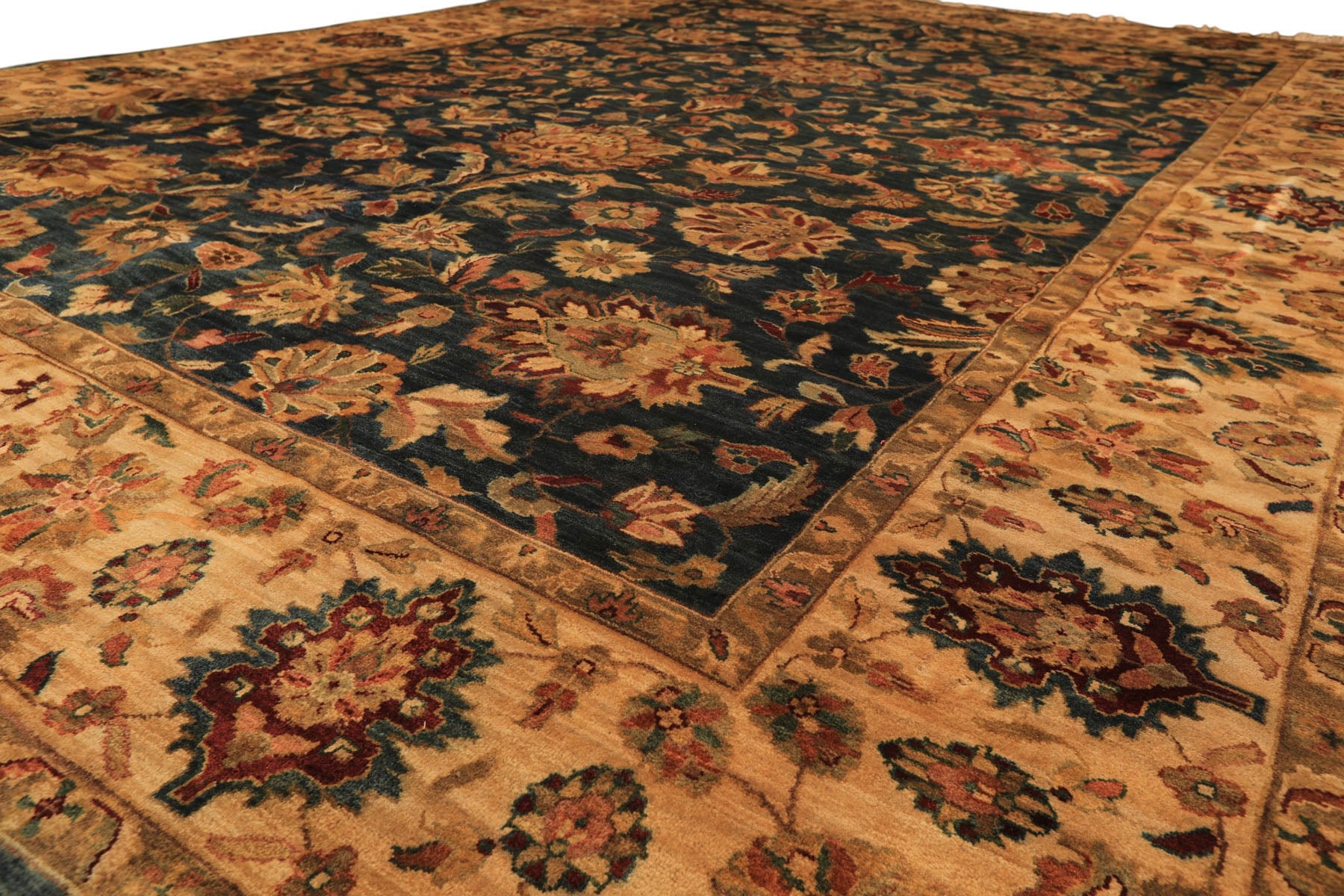 Palace Teal, Beige, Gold Color Hand Knotted Agra New Zealand Wool Traditional Oriental Rug