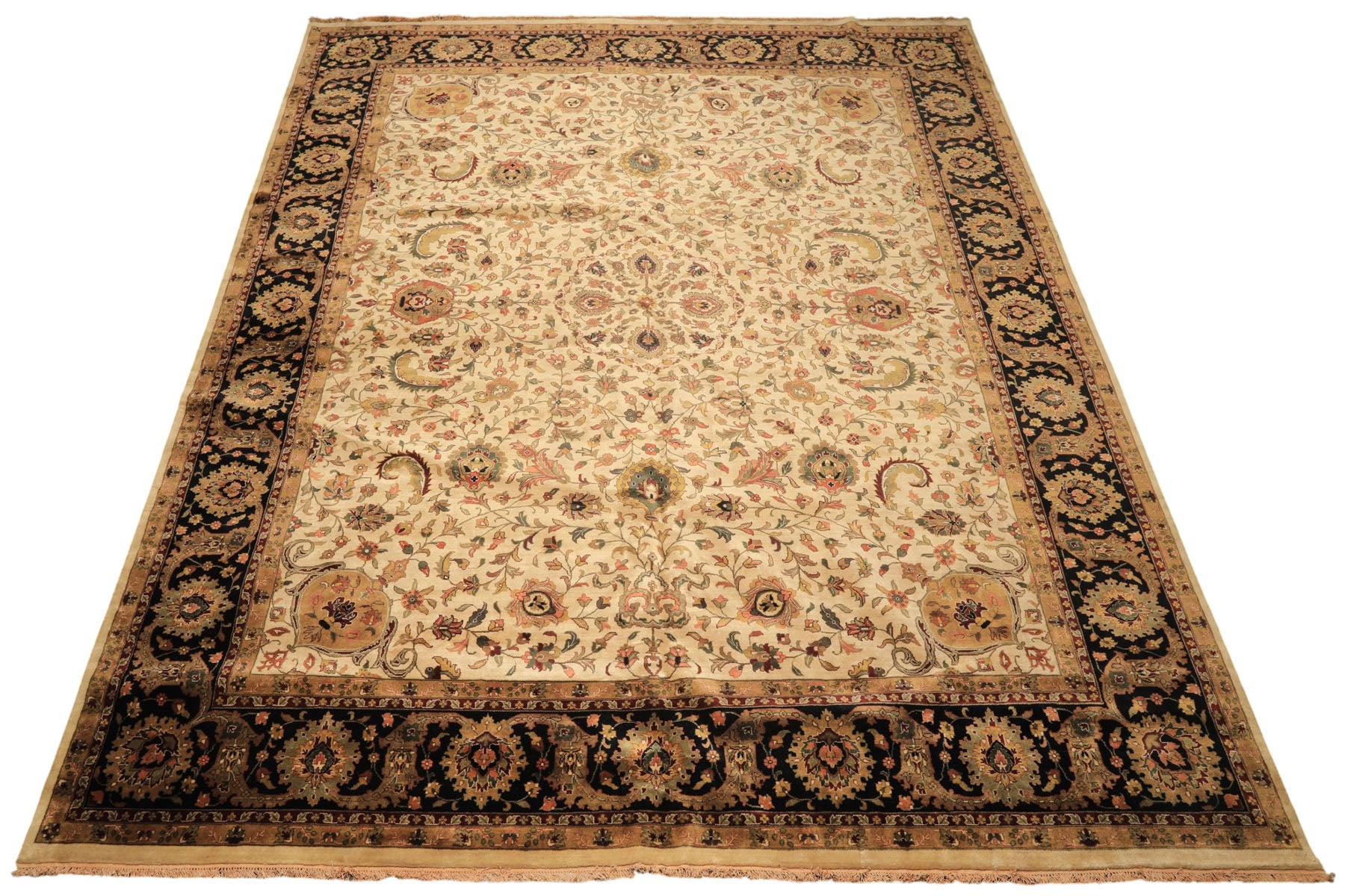 Palace Beige, Black, Maroon Color Hand Knotted Agra New Zealand Wool Traditional Oriental Rug