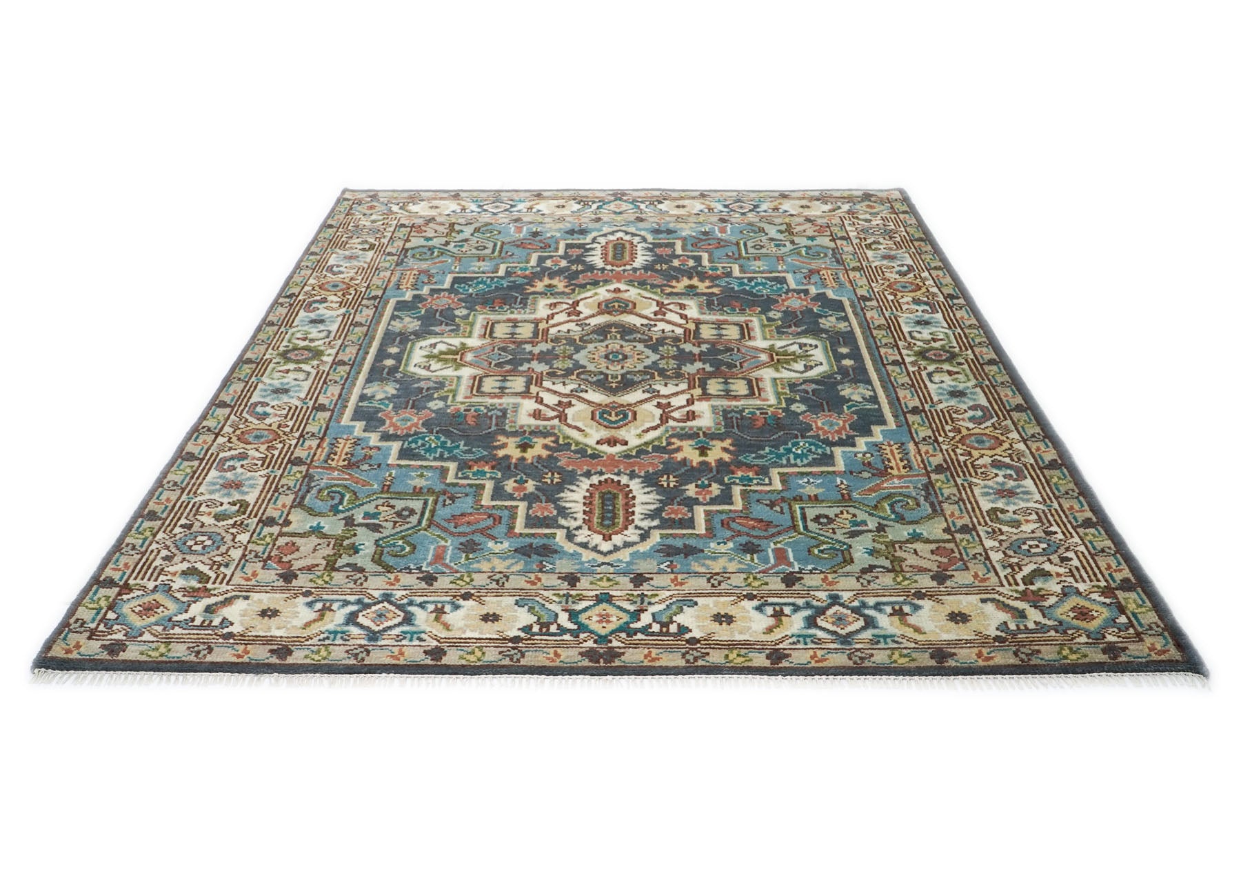 8x10 Teal
, Ivory, Peach
 Color Hand Knotted Oushak Wool Traditional Oriental Rug