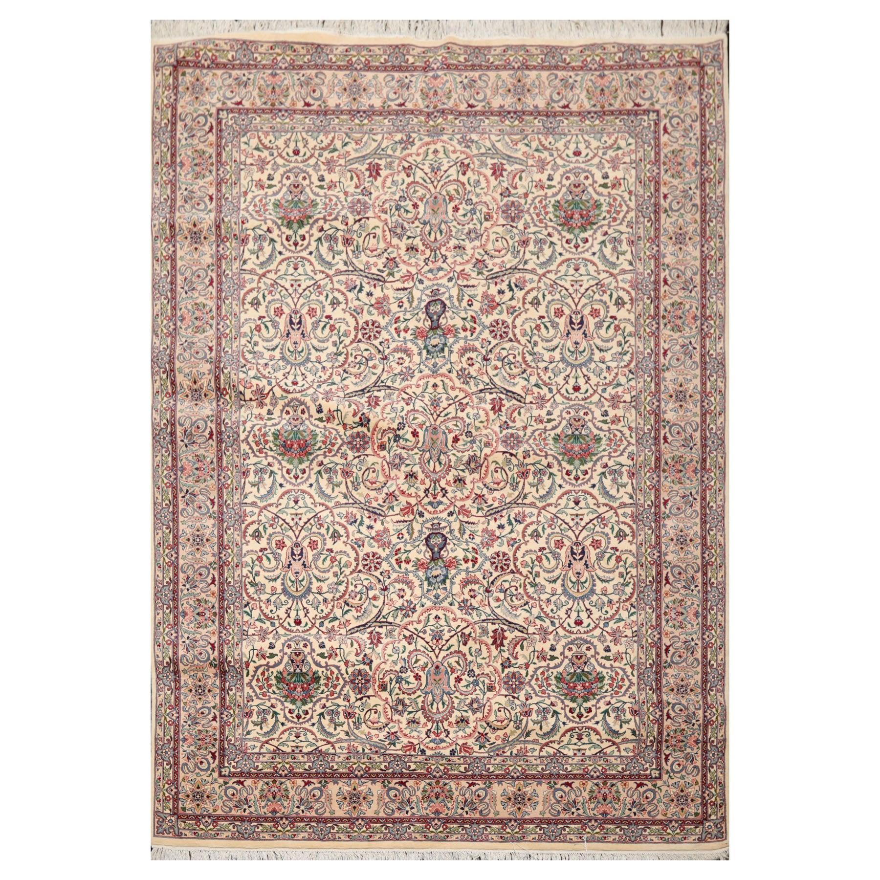 6x9 Cream, Peach, Maroon Color Hand Knotted Pak Persian 100% Wool Traditional Oriental Rug