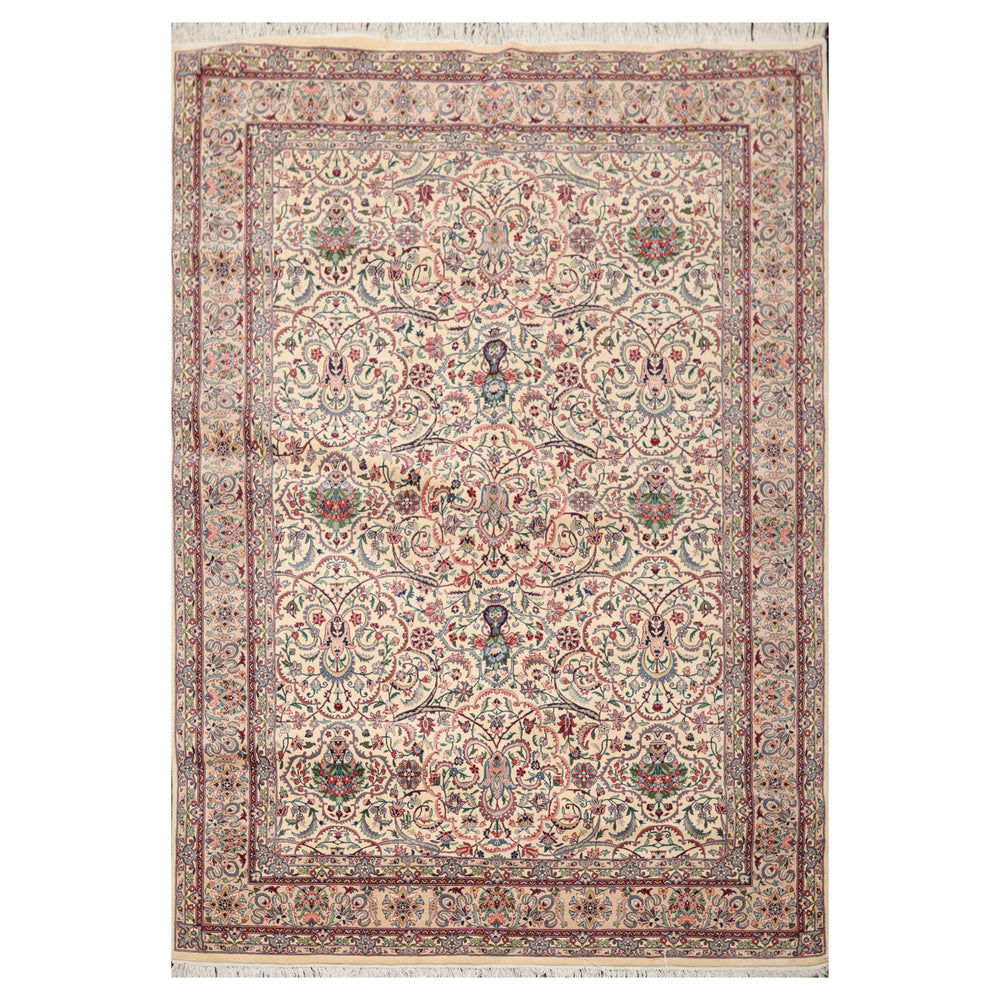 6x9 Cream, Peach, Maroon Color Hand Knotted Pak Persian 100% Wool Traditional Oriental Rug